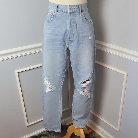 Agolde Denim - AGOLDE Light Wash Distressed Destroyed Tapered Leg Casual Designer Crop Jeans 28